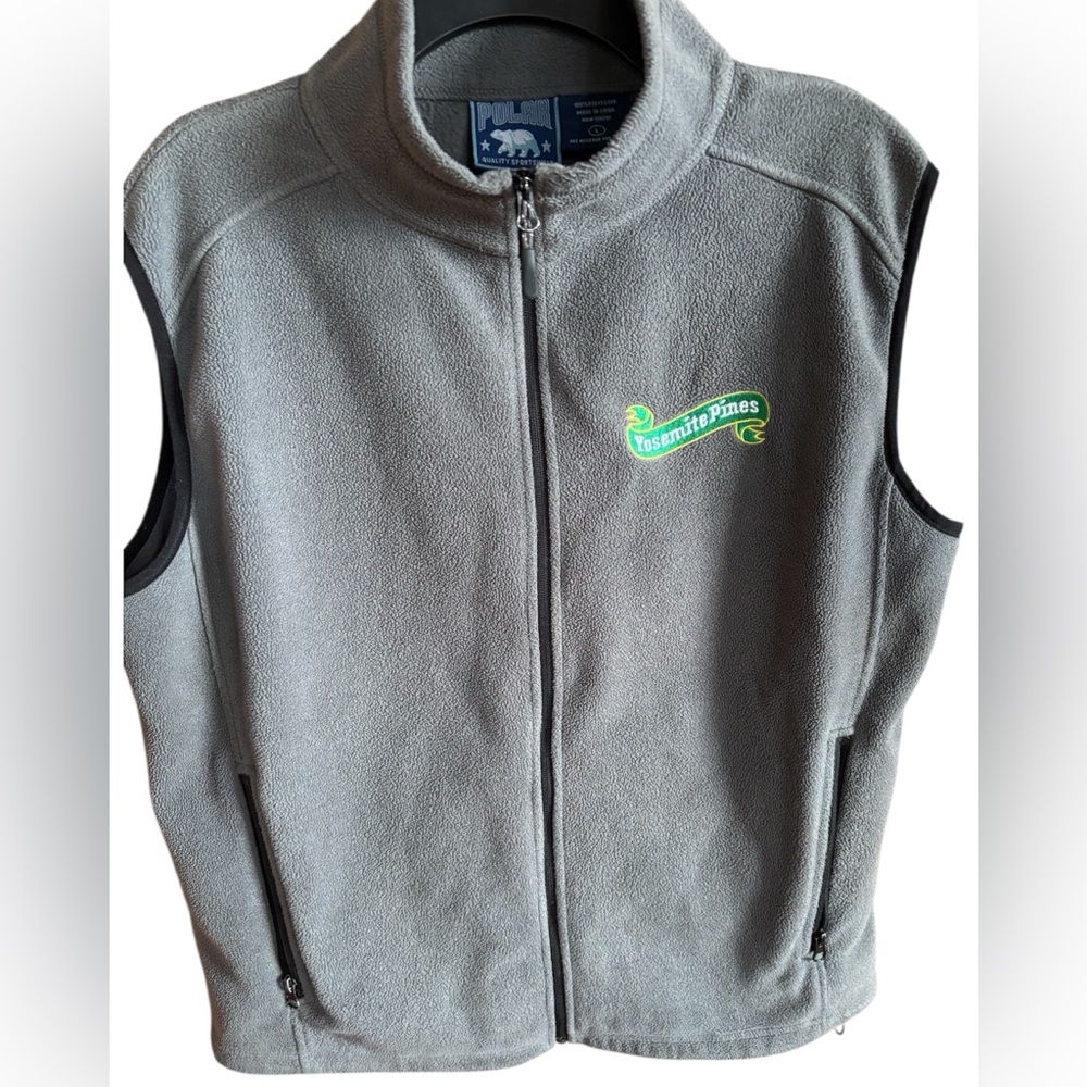 Men's large polar fleece vest medium grey with Yosemite Pines logo.